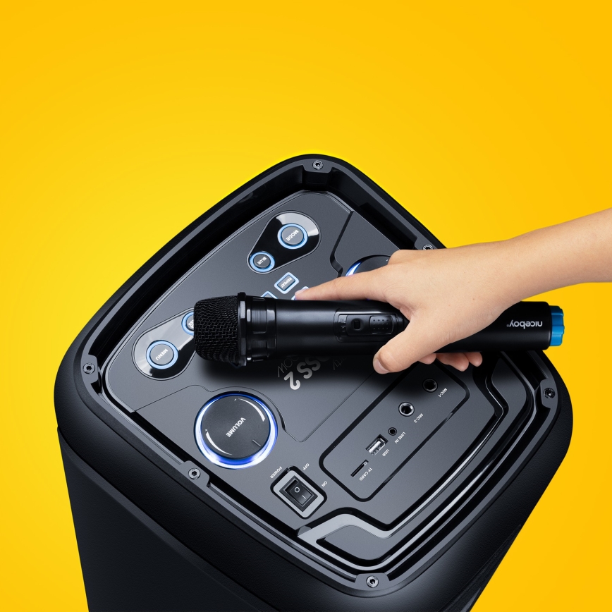 Niceboy PARTY Boss 2 - Trådløs LED højtaler med mikrofon og powerbank funktion 200W/4500 mAh + fjernbetjening