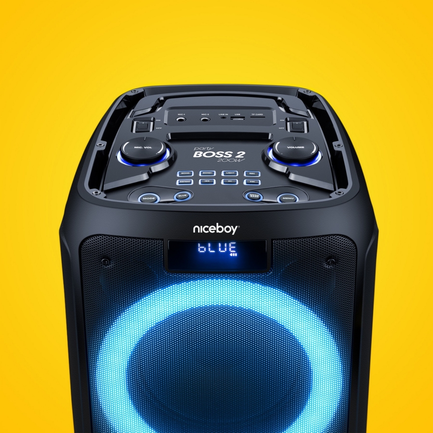 Niceboy PARTY Boss 2 - Trådløs LED højtaler med mikrofon og powerbank funktion 200W/4500 mAh + fjernbetjening