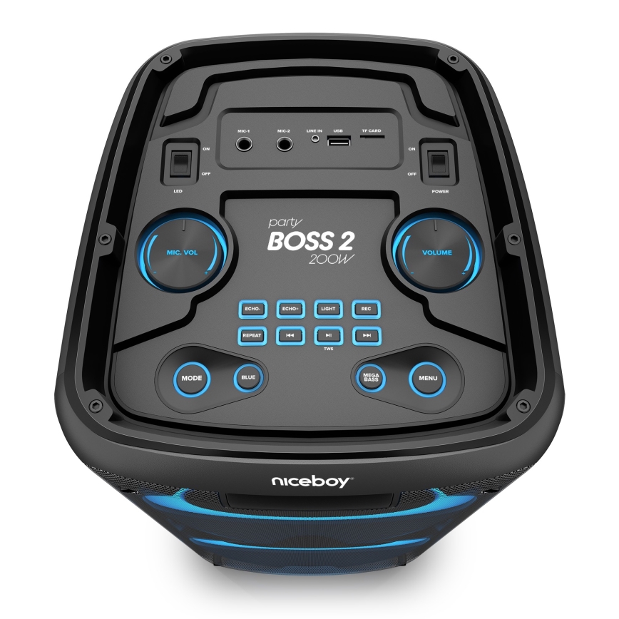 Niceboy PARTY Boss 2 - Trådløs LED højtaler med mikrofon og powerbank funktion 200W/4500 mAh + fjernbetjening