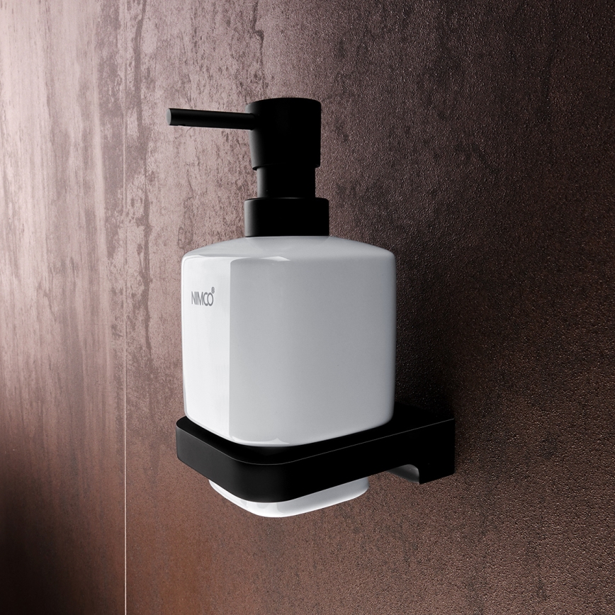 NIMCO MAC sæt-31K-T-90 - Væghængt sæbedispenser + tandbørsteholder og knage MAYA 320 mm hvid/mat sort
