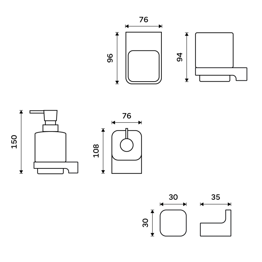 NIMCO MAC sæt-31K-T-90 - Væghængt sæbedispenser + tandbørsteholder og knage MAYA 320 mm hvid/mat sort