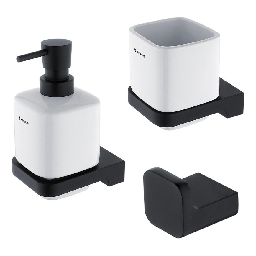 NIMCO MAC sæt-31K-T-90 - Væghængt sæbedispenser + tandbørsteholder og knage MAYA 320 mm hvid/mat sort