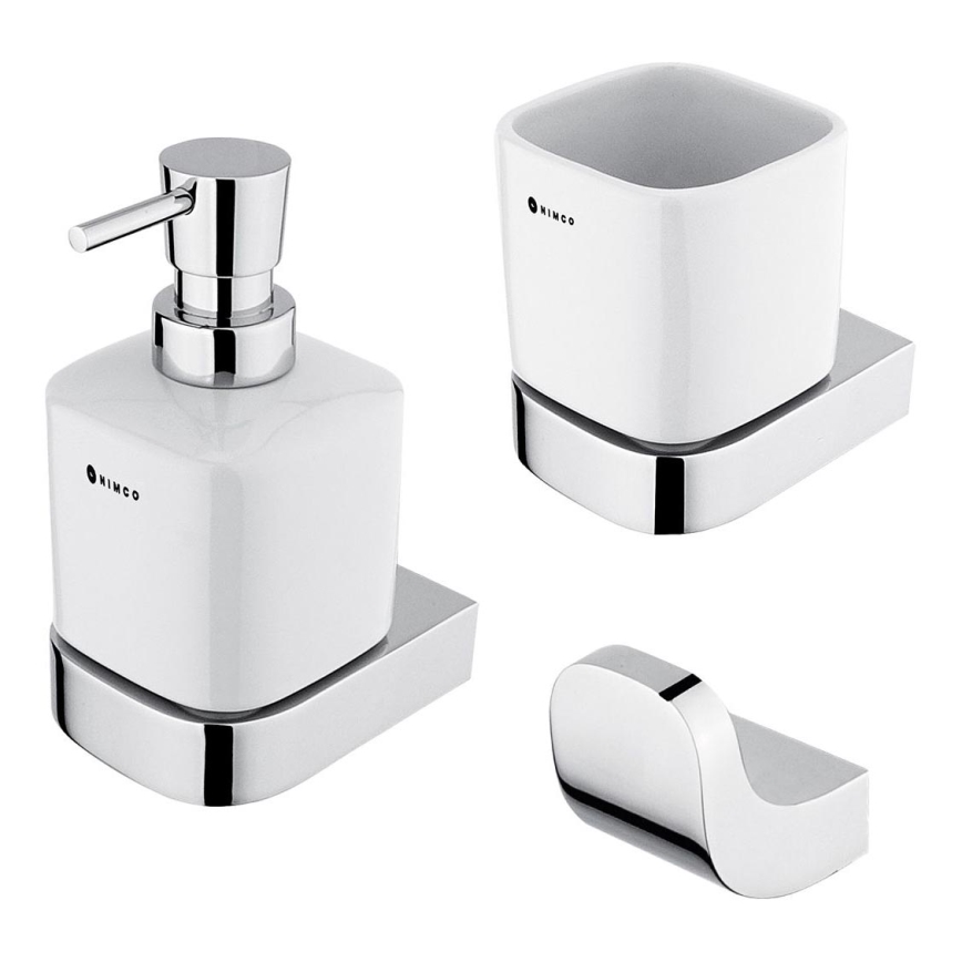 NIMCO NK sæt-31K-26 - Væghængt sæbedispenser + tandbørsteholder og knage NIKAU 320 mm hvid/skinnende krom