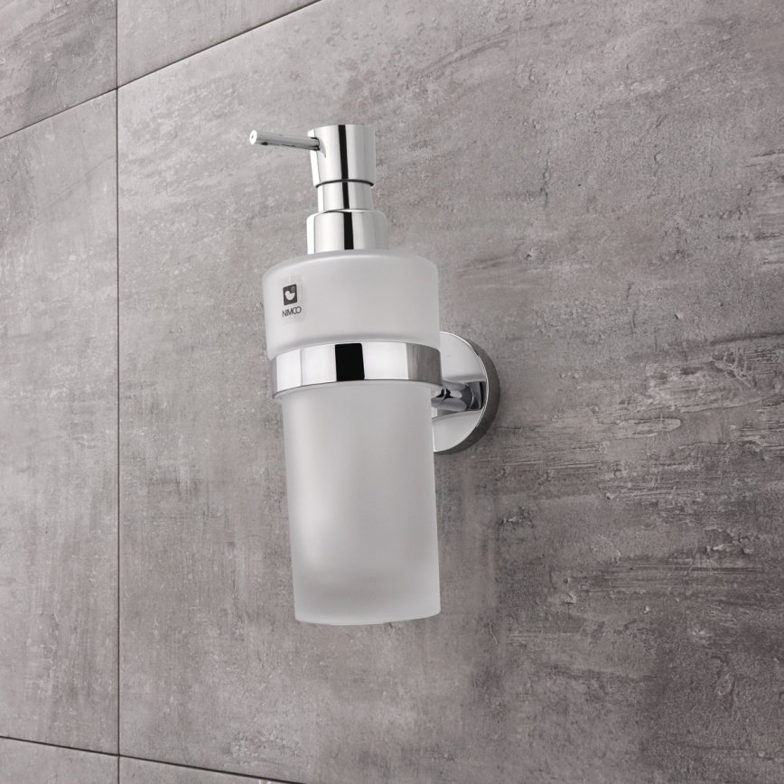 NIMCO UN sæt-31W-26 - Væghængt sæbedispenser + tandbørsteholder og knage UNIX 250 mm mat glas/skinnende krom
