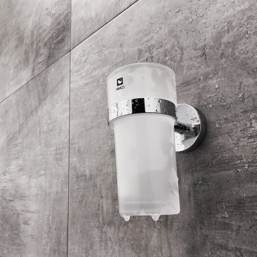 NIMCO UN sæt-31W-26 - Væghængt sæbedispenser + tandbørsteholder og knage UNIX 250 mm mat glas/skinnende krom