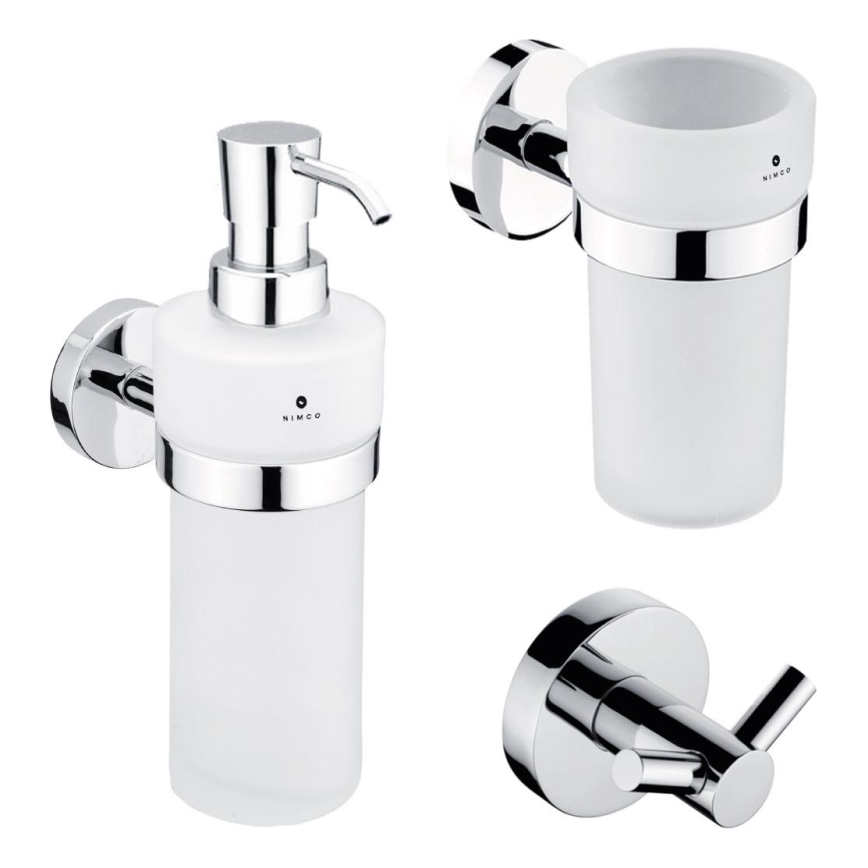 NIMCO UN sæt-31W-26 - Væghængt sæbedispenser + tandbørsteholder og knage UNIX 250 mm mat glas/skinnende krom