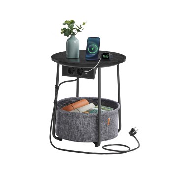 NOIRA sidebord 45 cm med integrerede stikkontakter og USB-porte, grå/sort