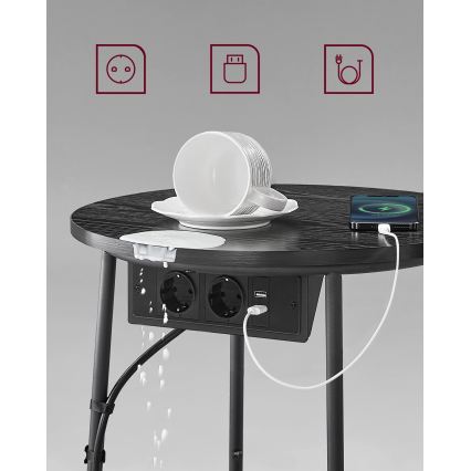 NOIRA sidebord 45 cm med integrerede stikkontakter og USB-porte, grå/sort