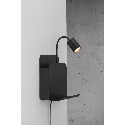 Nordlux - Vægspot med hylde og USB ROOMI 1xGU10/8W/230V sort