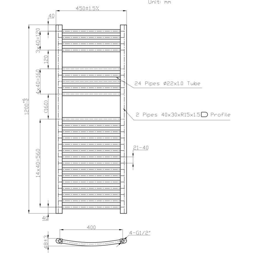 Novaservis - Badeværelses håndklædetørrer 490W/230V 120x45 cm hvid, afrundet