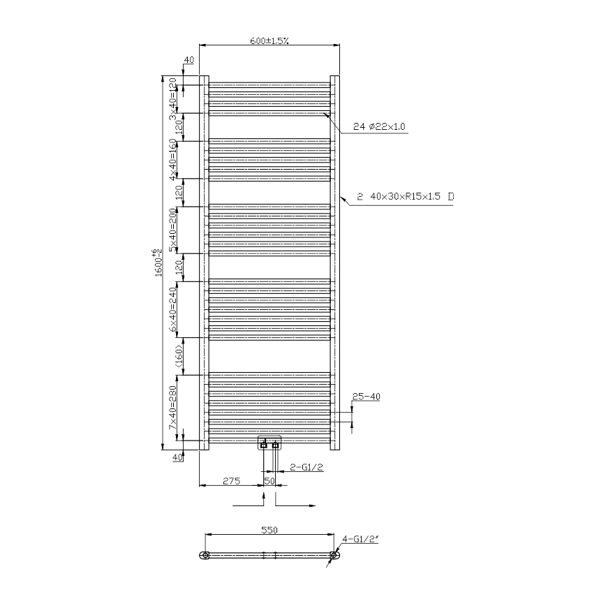 Novaservis - Badeværelseshåndklædetørrer 544W/230V 160x60 cm blankpoleret krom, lige