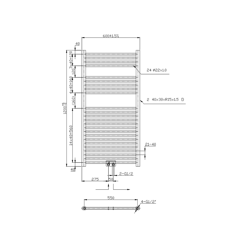 Novaservis - Badeværelses-håndklædetørrer 644W/230V 120x60 cm sort lige