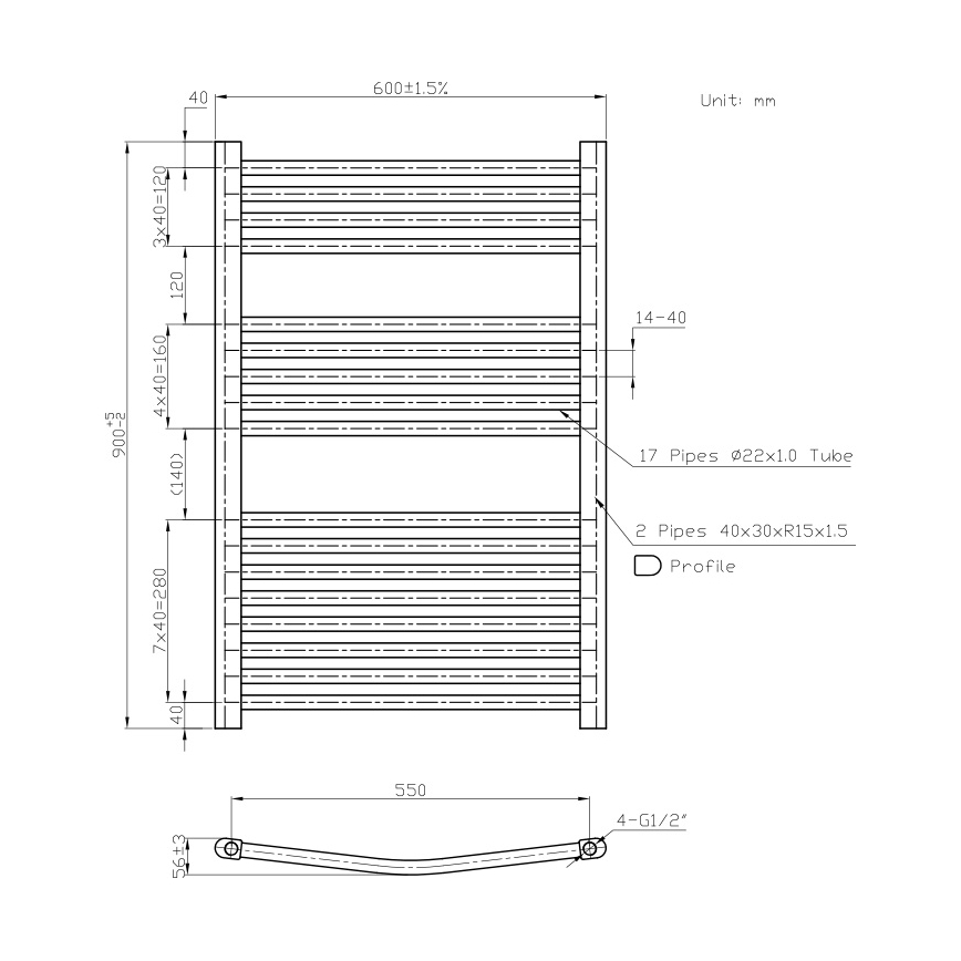 Novaservis - Badeværelses håndklædetørrer (stigeradiator) 478W/230V 90x60 cm hvid, afrundet