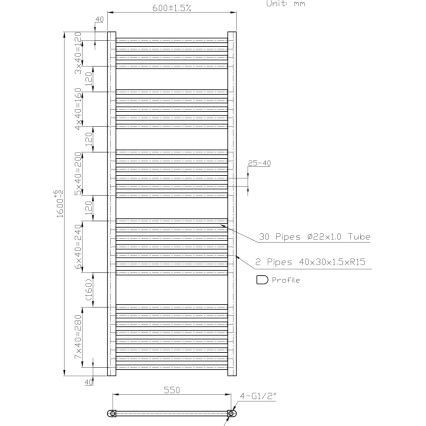 Novaservis - Badeværelses stigeradiator 836W/230V 160x60 cm hvid lige