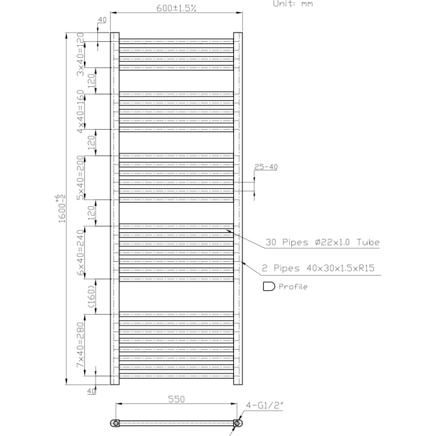 Novaservis - Badeværelses stigeradiator 836W/230V 160x60 cm hvid lige