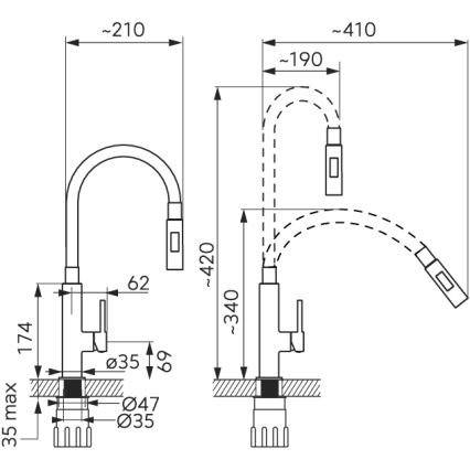 Novaservis - Hane m. fleksibel arm skinnende krom/sort