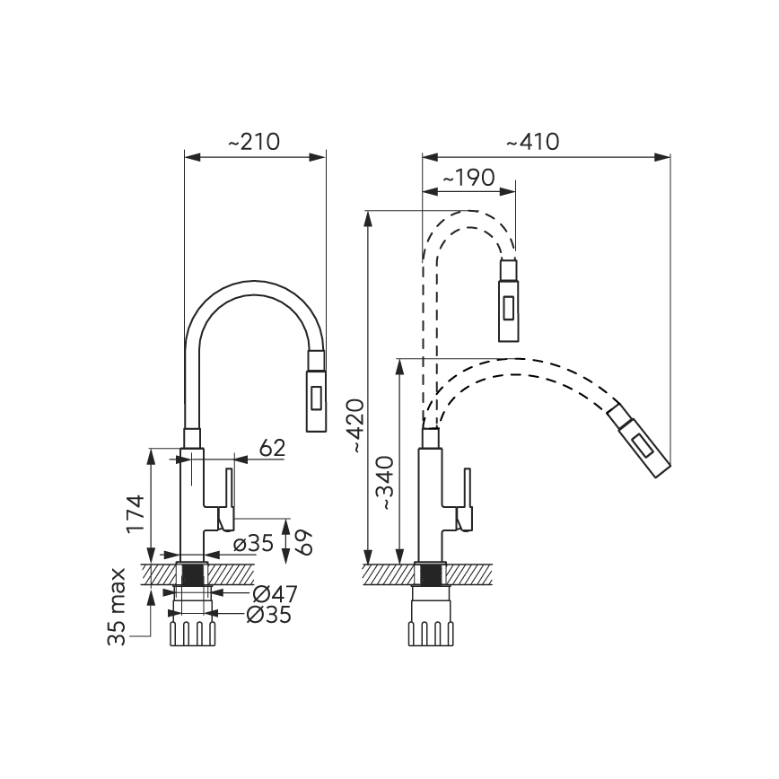 Novaservis - Hane m. fleksibel arm skinnende krom/sort