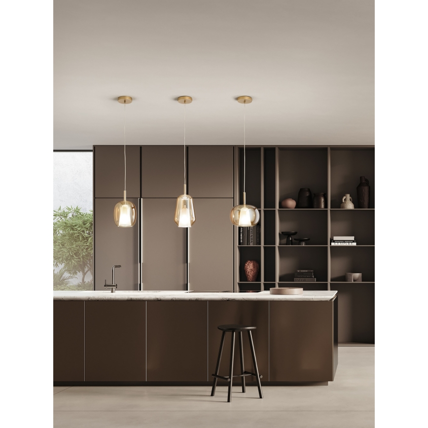 Ondaluce - Pendel på kabel THELMA 1xE27/15W/230V Ø 19 cm guld/røget beige