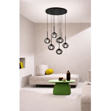 Ondaluce - Pendel på wire JEWEL, 8 x E14, 10W, 230V, Ø 70 cm, sort/røget sort