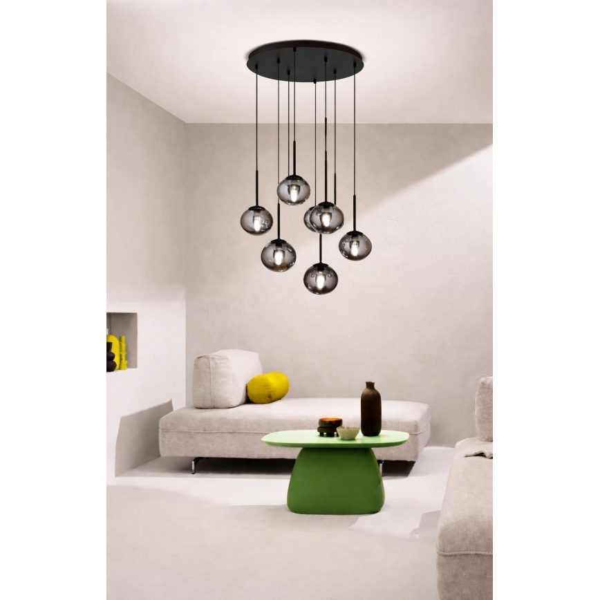 Ondaluce - Pendel på wire JEWEL, 8 x E14, 10W, 230V, Ø 70 cm, sort/røget sort