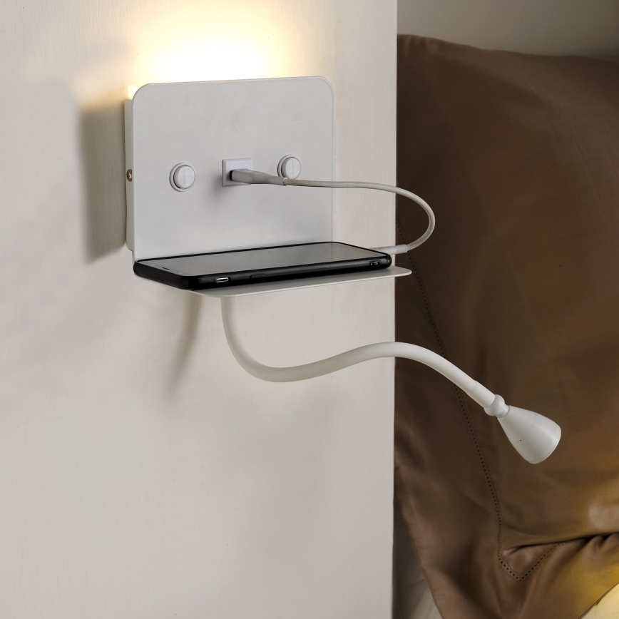ONLI - Fleksibel LED lampe m. hylde og USB-opladning PLAK LED/1W/230V hvid