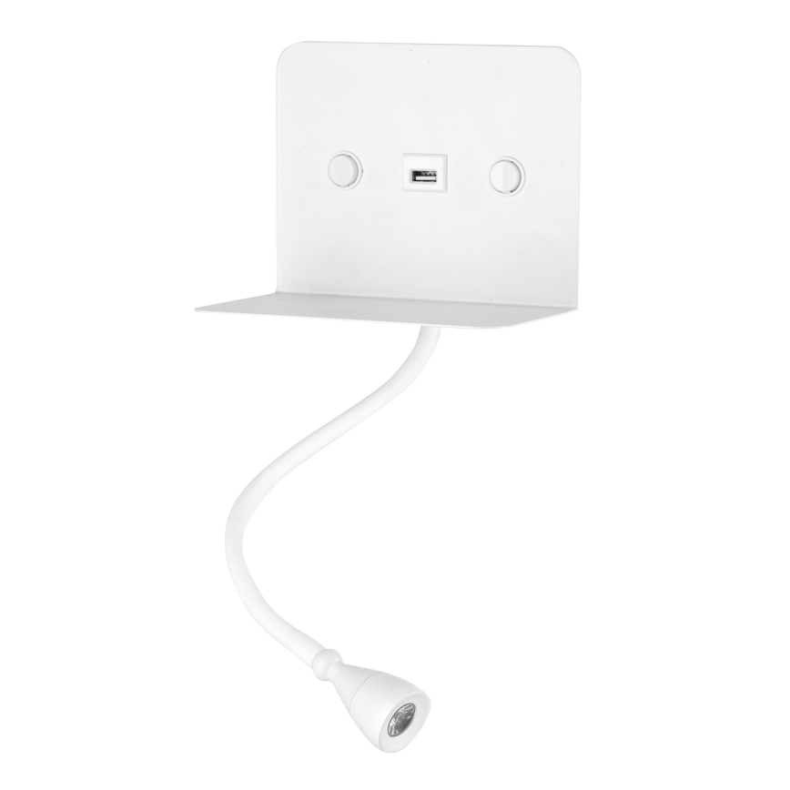 ONLI - Fleksibel LED lampe m. hylde og USB-opladning PLAK LED/1W/230V hvid