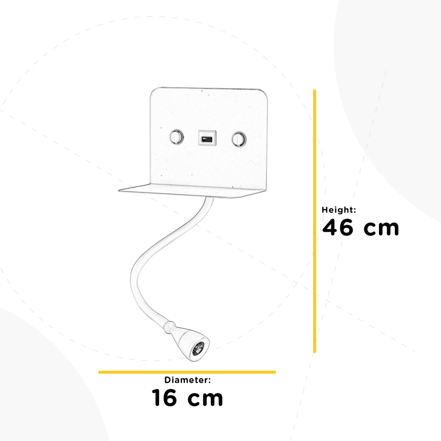 ONLI - Fleksibel LED lampe m. hylde og USB-opladning PLAK LED/1W/230V hvid