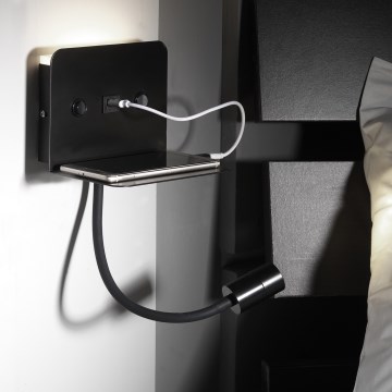 ONLI - Fleksibel LED lampe m. hylde og USB-opladning PLAK LED/1W/230V sort