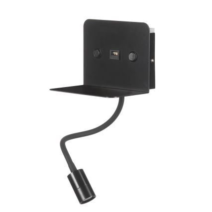 ONLI - Fleksibel LED lampe m. hylde og USB-opladning PLAK LED/1W/230V sort