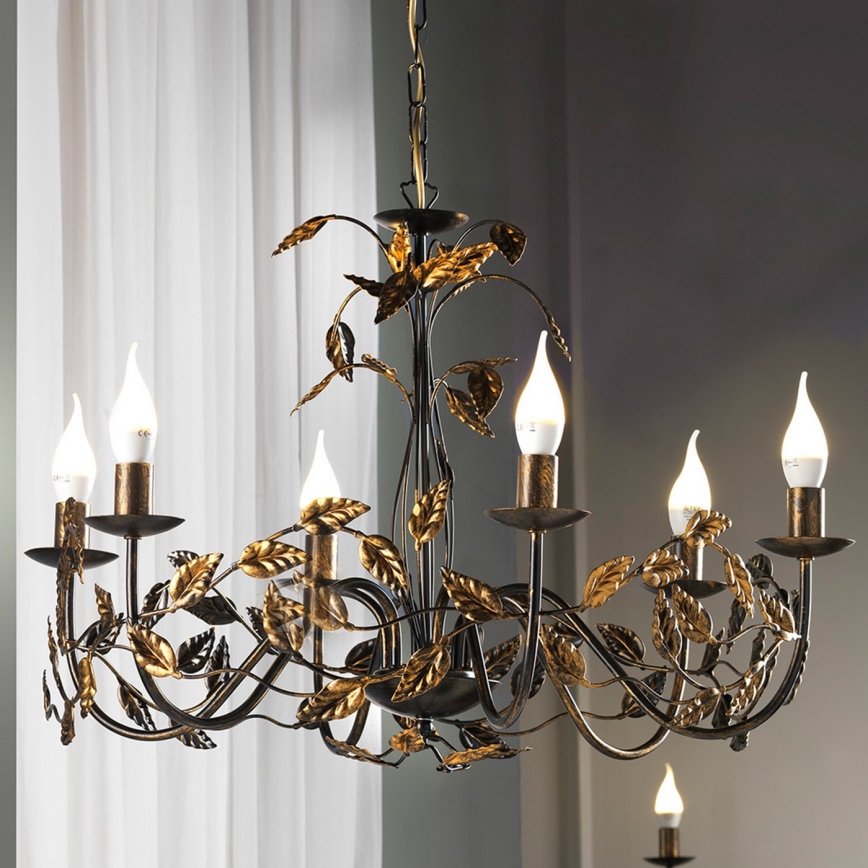 ONLI - Pendel med kædeophæng COLLANA 6xE14/6W/230V bronze/guldfarvet