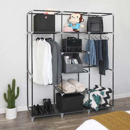 Opbevaringsskab i stof med hylder og tøjstang MATIS 150x175 cm sort