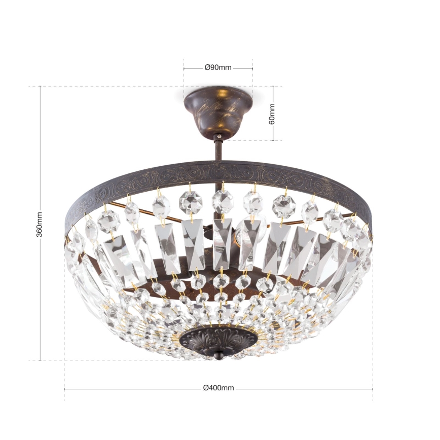 Pendel i krystal ARILA 3xE14/40W/230V diameter 40 cm brun/patina