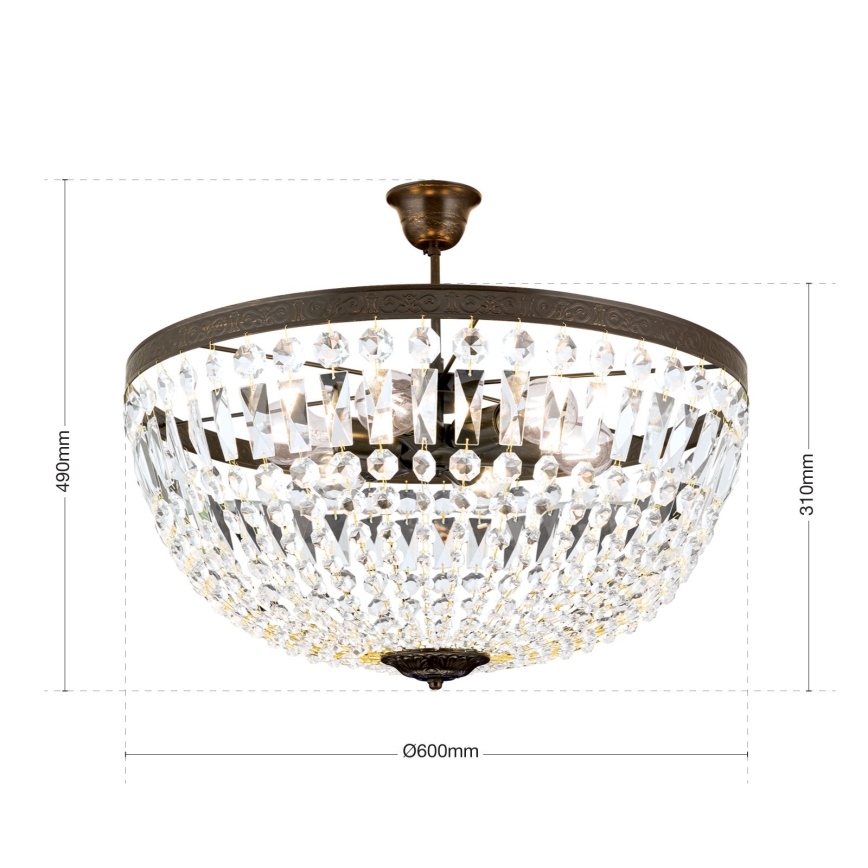 Pendel i krystal ARILA 6xE27/60W/230V diameter 60 cm brun/patina