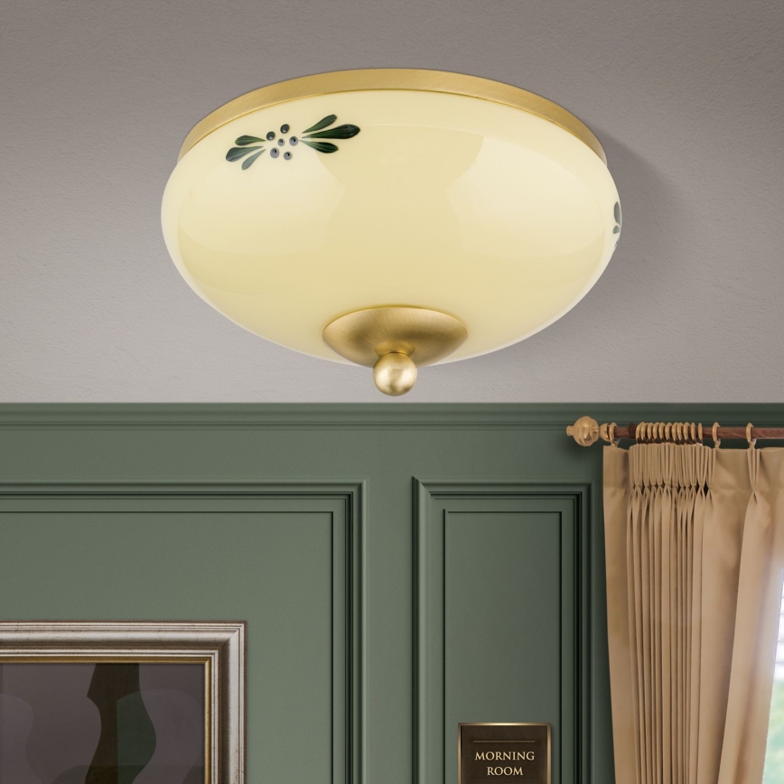 Loftlampe LANDHAUS 1xE27/60W/230V Ø 21 cm messing/beige/grøn
