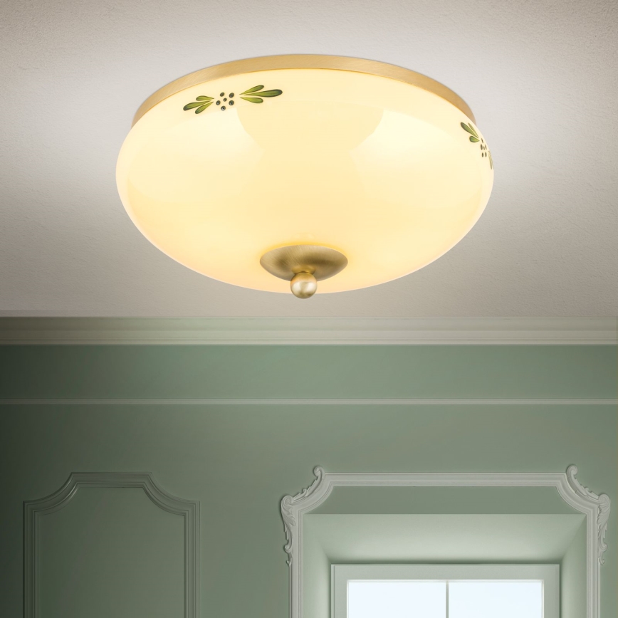 Loftlampe LANDHAUS 2xE27/60W/230V Ø 28 cm messing/beige/grøn