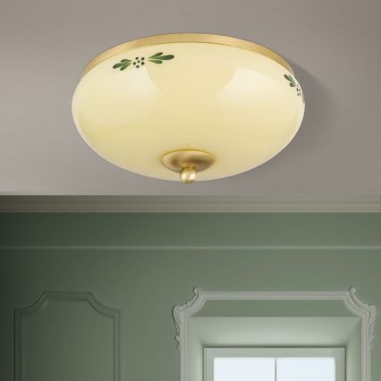 Loftlampe LANDHAUS 2xE27/60W/230V Ø 28 cm messing/beige/grøn
