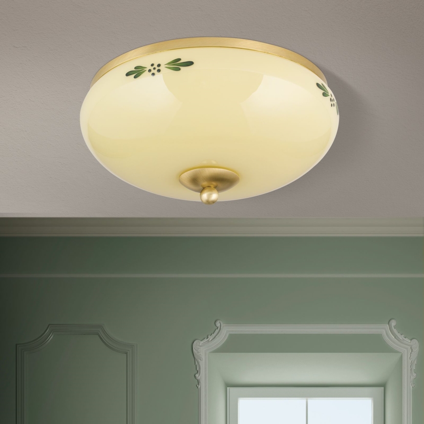 Loftlampe LANDHAUS 2xE27/60W/230V Ø 28 cm messing/beige/grøn