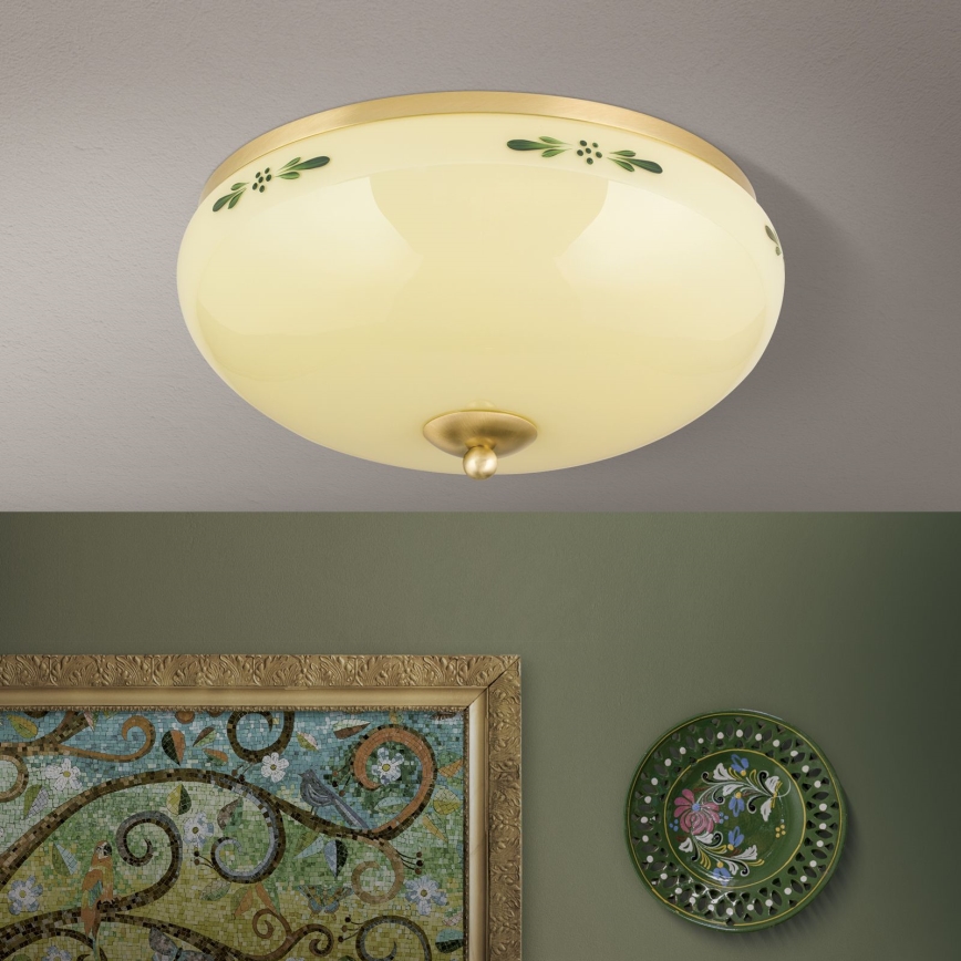 Loftlampe LANDHAUS 3xE27/60W/230V Ø 35 cm messing/beige/grøn