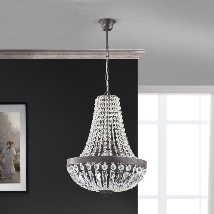 Lysekrone i krystal m. kædeophæng ARILA 3xE27/60W/230V diameter 40 cm brun/patina