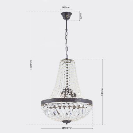 Lysekrone i krystal m. kædeophæng ARILA 3xE27/60W/230V diameter 40 cm brun/patina