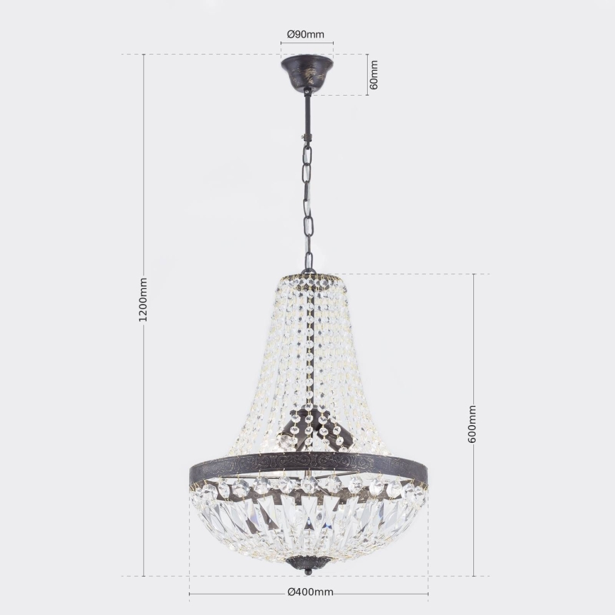 Lysekrone i krystal m. kædeophæng ARILA 3xE27/60W/230V diameter 40 cm brun/patina