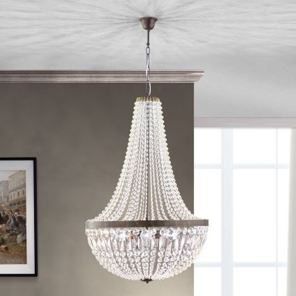 Lysekrone i krystal m. kædeophæng ARILA 6xE27/60W/230V diameter 60 cm brun/patina