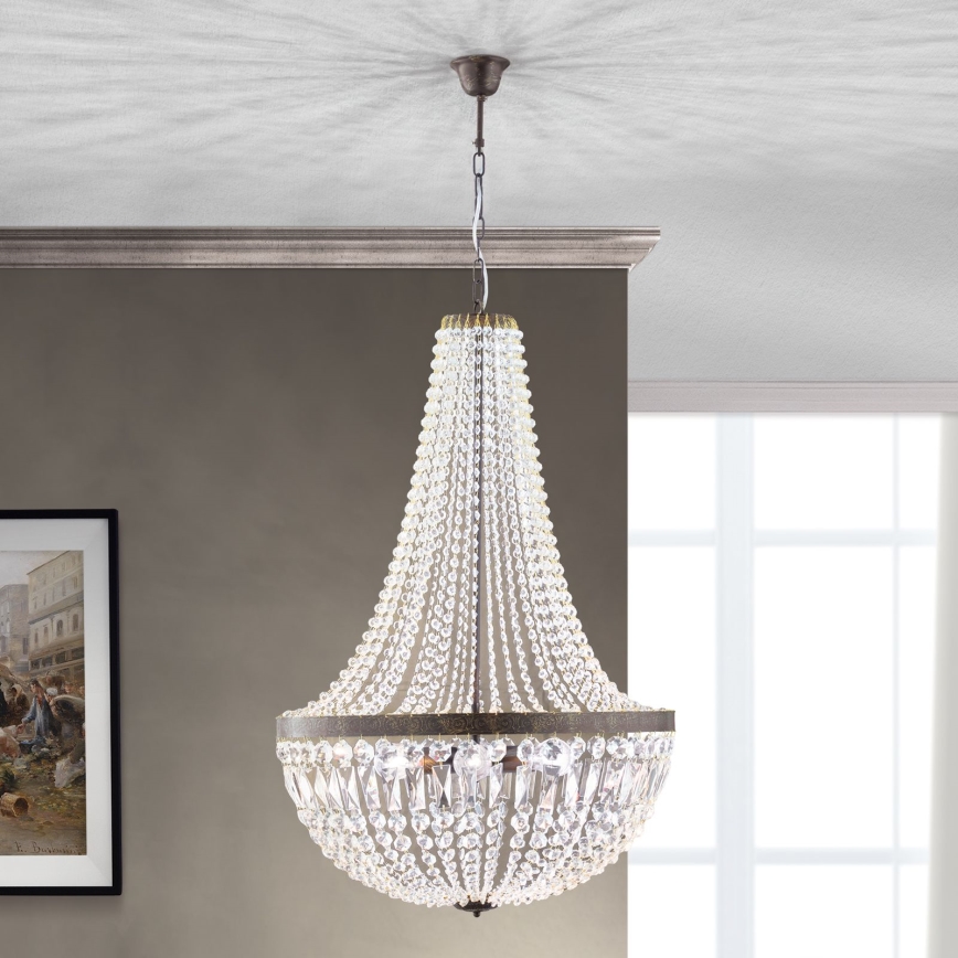 Lysekrone i krystal m. kædeophæng ARILA 6xE27/60W/230V diameter 60 cm brun/patina