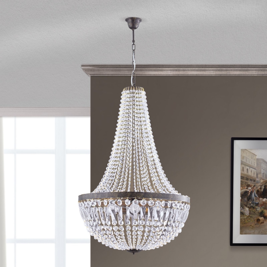 Lysekrone i krystal m. kædeophæng ARILA 6xE27/60W/230V diameter 60 cm brun/patina