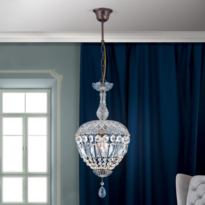 Lysekrone i krystal m. kædeophæng ARILA 1xE27/60W/230V diameter 25 cm brun/patina