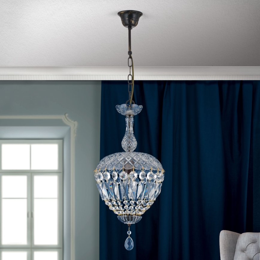 Lysekrone i krystal m. kædeophæng ARILA 1xE27/60W/230V diameter 25 cm brun/patina