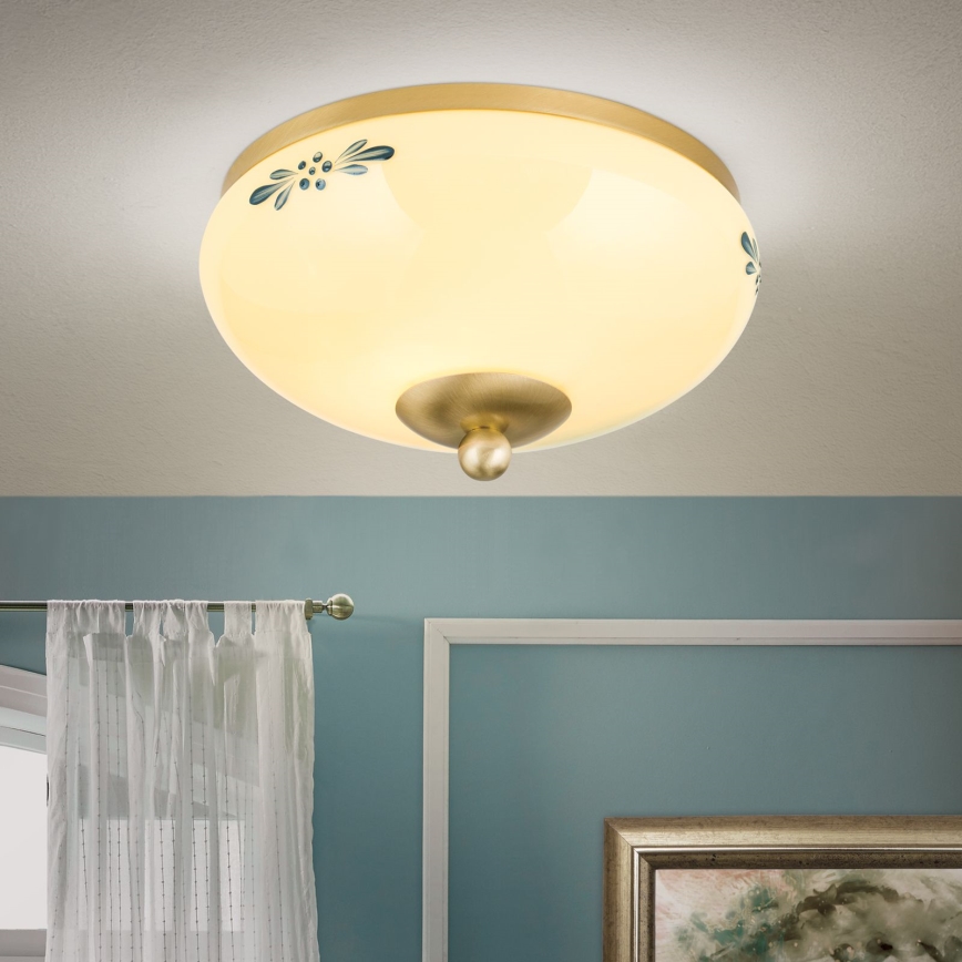 Loftlampe LANDHAUS 1xE27/60W/230V, Ø 21 cm, messing/beige/blå