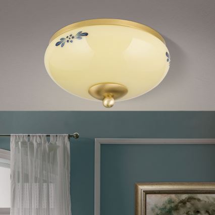 Loftlampe LANDHAUS 1xE27/60W/230V, Ø 21 cm, messing/beige/blå