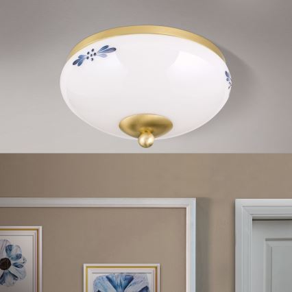 Loftlampe LANDHAUS 1xE27/60W/230V Ø 21 cm messing/hvid/blå