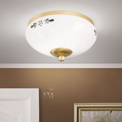 Loftlampe LANDHAUS 1xE27/60W/230V Ø 21 cm messing/hvid/grøn